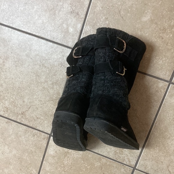 MukLuks size 9 black faux suede boots; 2 outside working silver buckles; 13 1/4” - Picture 7 of 10